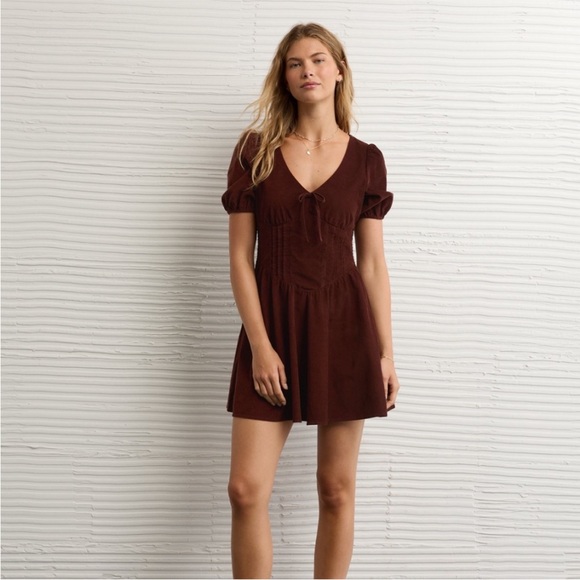 American Eagle Outfitters Dresses & Skirts - NWT American Eagle Brown Corduroy V-Neck Basque Waist Mini Dress *flaw